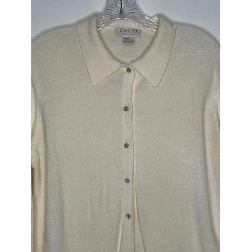Vintage 70s Express Tricot Ivory Collared Cardigan Sweater Hong Kong Medium